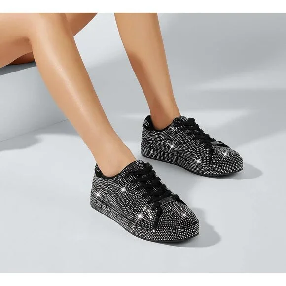 Women's Black Pewter Rhinestone Fashion Glitter Sneakers Sparkly Shiny Shoes - Picture 2 of 9